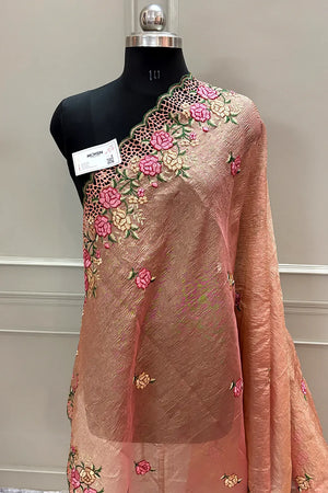 Peach Crush Embroidery Tissue Silk Banarasi Saree