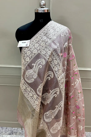 Peach Embroidery Tissue Silk Banarasi Saree