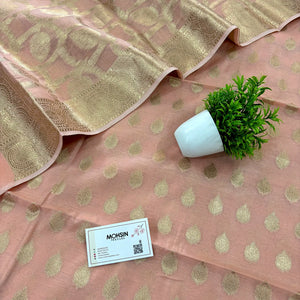 Peach Golden Zari Banarasi Silk Suit