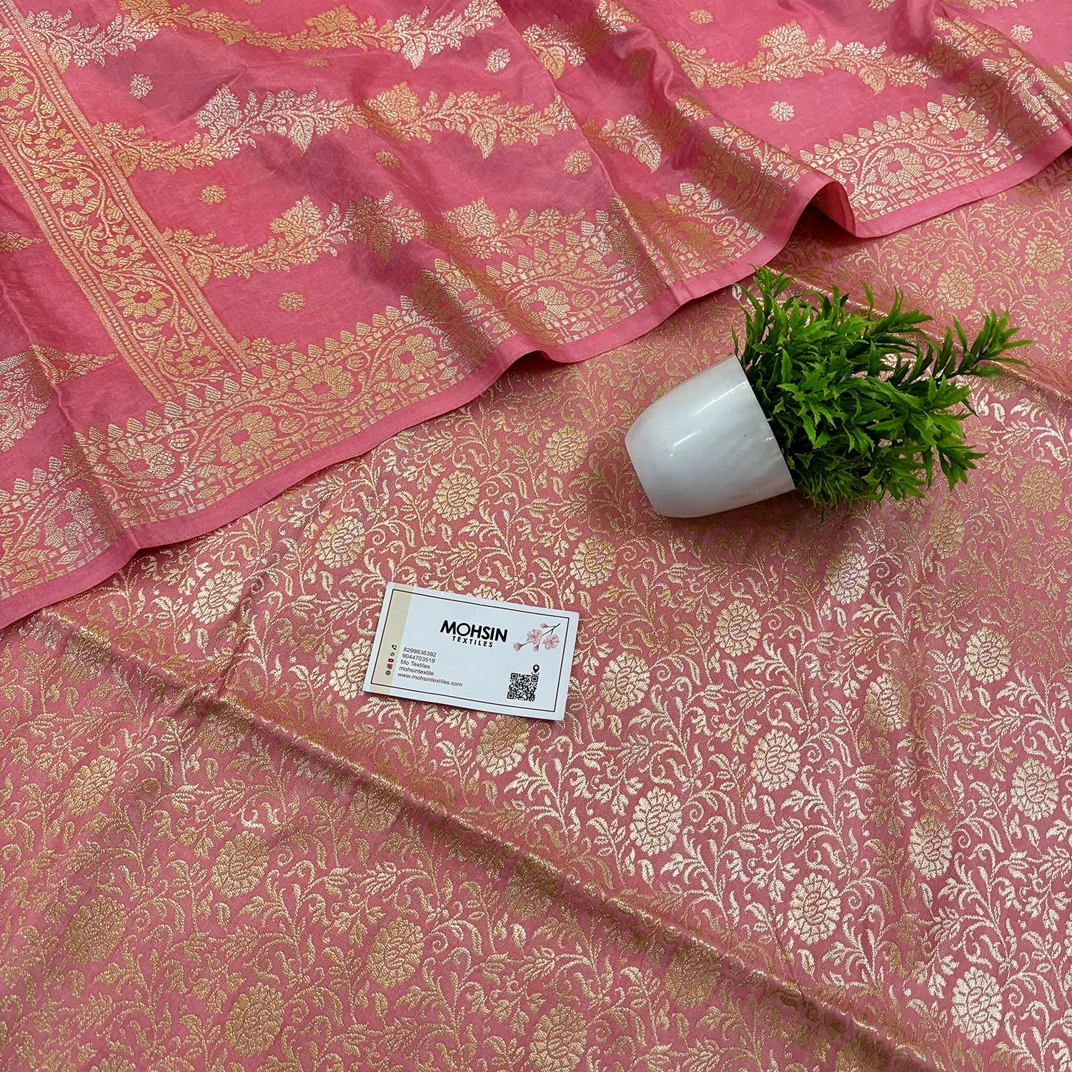 Baby Pink Golden Zari Katan Silk Banarasi Suit