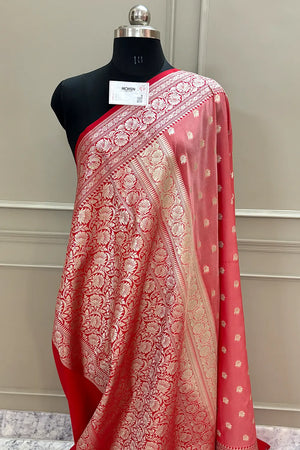 Peach and Red Ghonga Buti Katan Silk Banarasi Saree