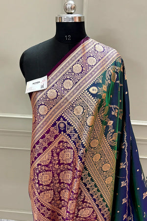 Peacock Blue and Purple Golden Zari Katan Silk Banarasi Saree