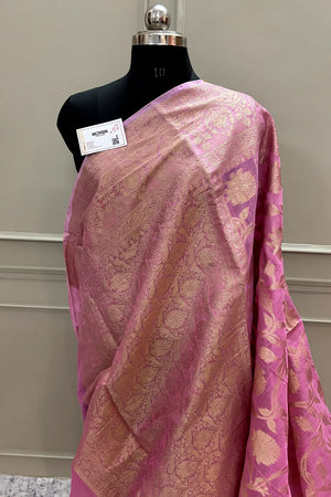 Pink Golden Zari Chanderi Silk Banarasi Saree