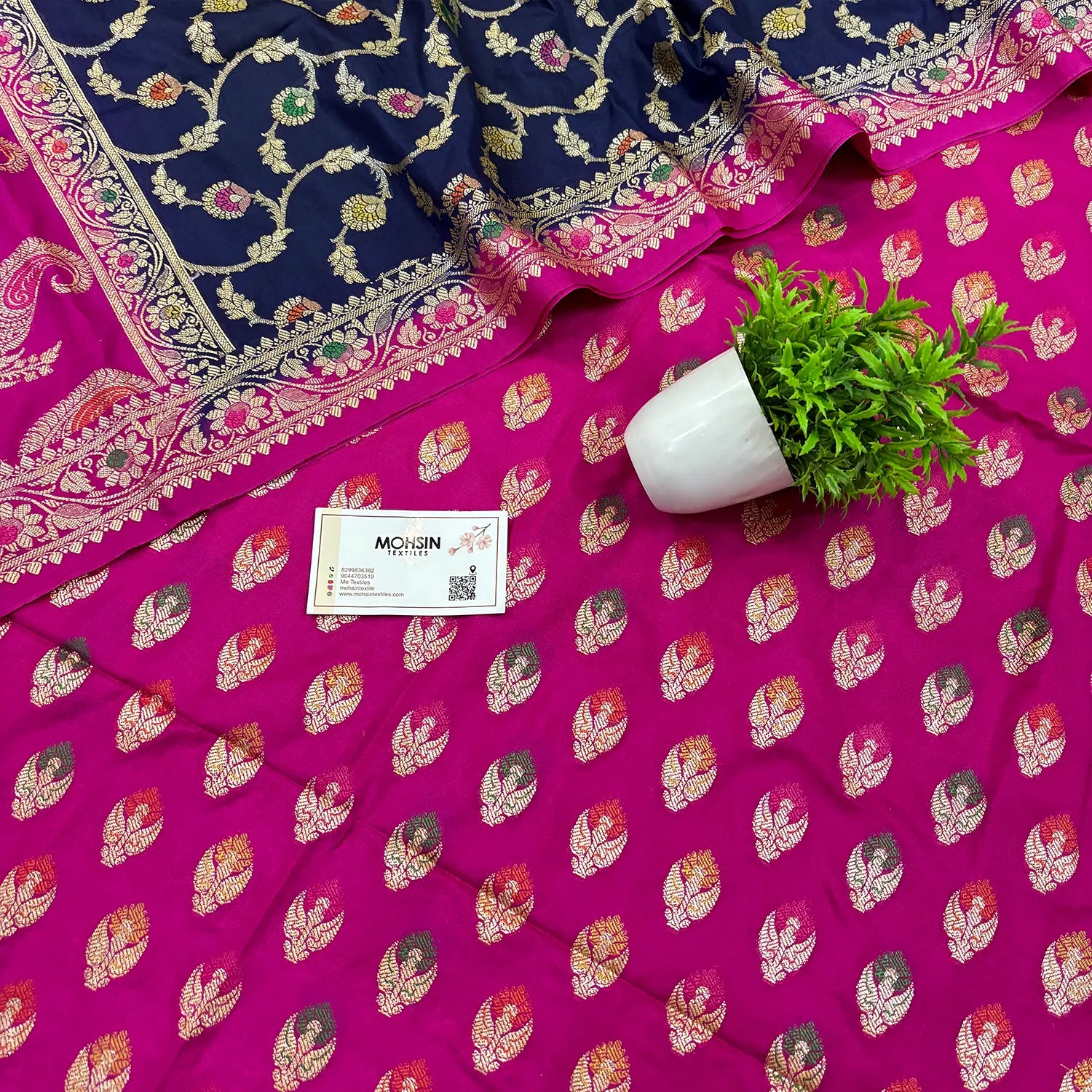 Pink and Navy Blue Golden Zari Katan Silk Banarasi Suit