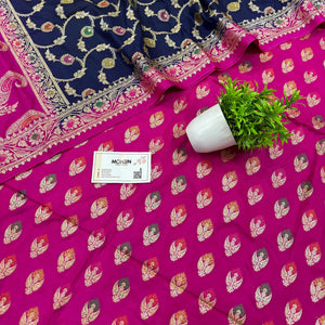 Pink and Navy Blue Golden Zari Katan Silk Banarasi Suit