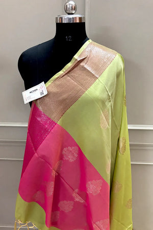 Pista and Pink Golden Zari Banarasi Silk Saree