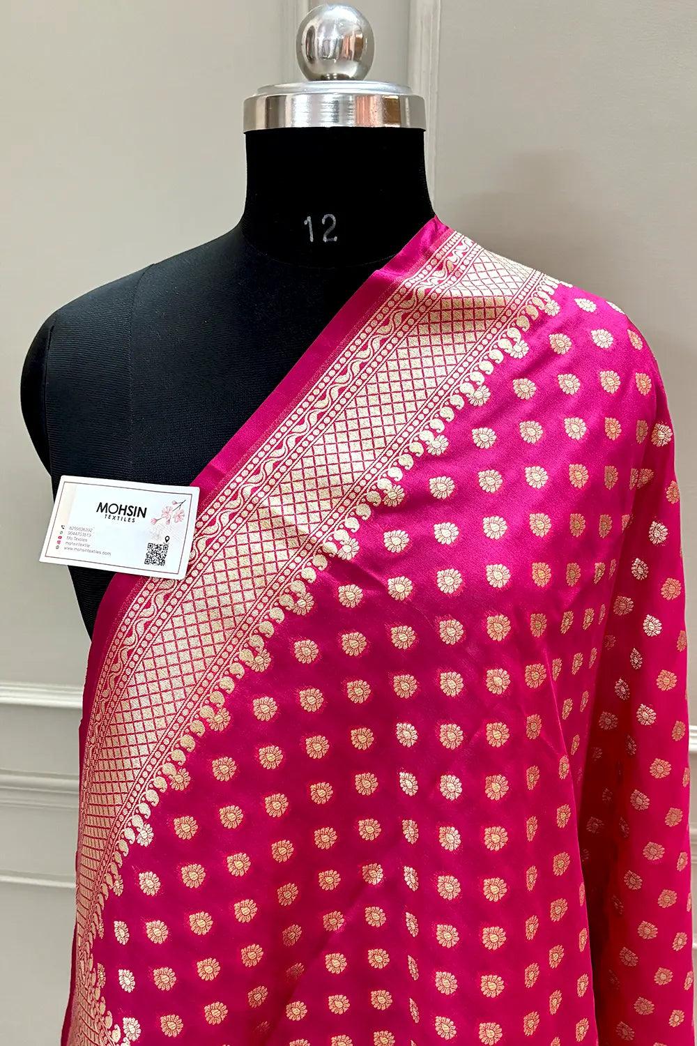 Rani Pink Golden Zari Katan Silk Banarasi Dupatta