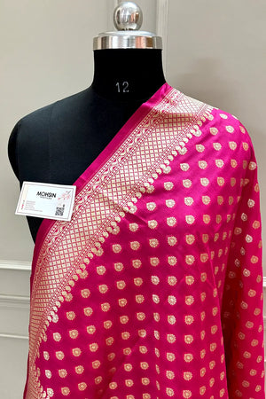 Rani Pink Golden Zari Katan Silk Banarasi Dupatta