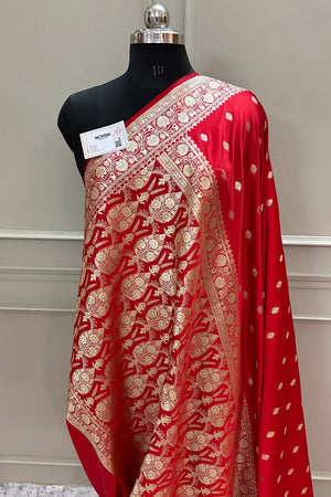 Red Flying Buti Katan Silk Banarasi Saree