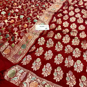 Red Hand Brush Handloom Georgette Silk Banarasi Suit