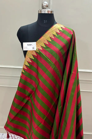Red and Green Stripe Plain Satin Silk Banarasi Saree