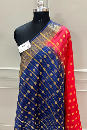 Red and Navy Blue Golden Zari Silky Banarasi Saree