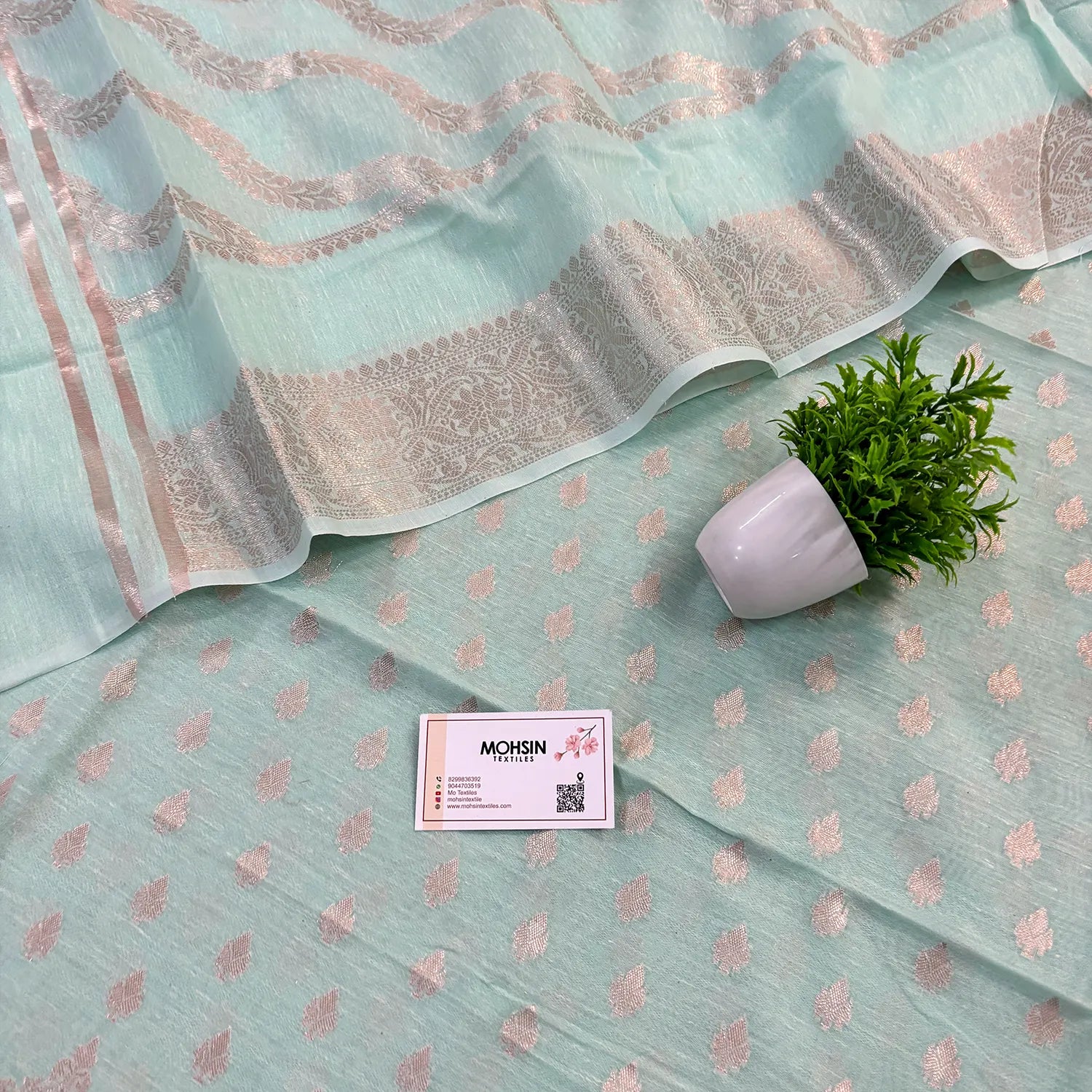 Sea Green Golden Zari Linen Silk Banarasi Suit