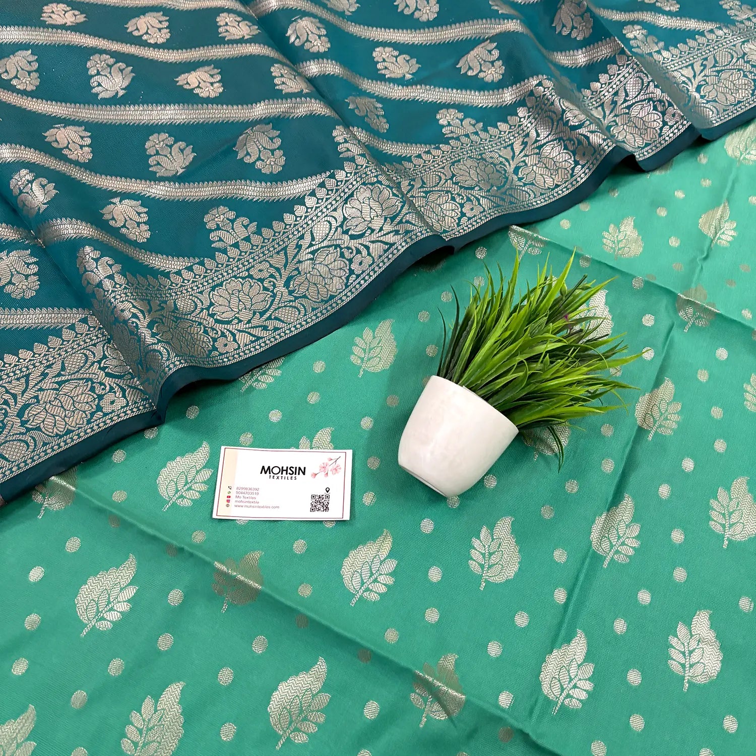 Sea Green and Teal Pankh Buti Satin Silk Banarasi Suit