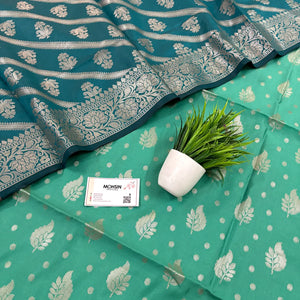 Sea Green and Teal Pankh Buti Satin Silk Banarasi Suit