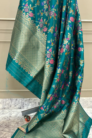 Teal Golden Zari Katan Silk Banarasi Dupatta