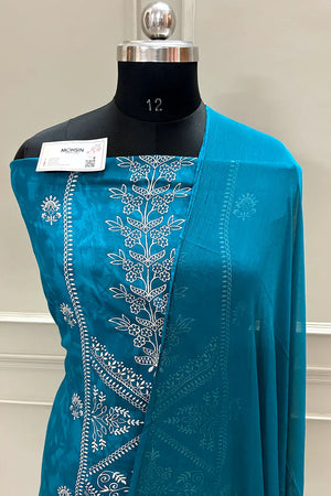 Teal Printed Cotton Silk Banarasi Suit