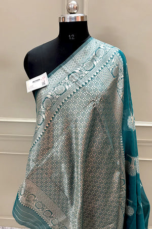 Teal Resham Zari Cotton Silk Banarasi Saree