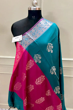 Teal and Pink Golden Zari Banarasi Silk Saree