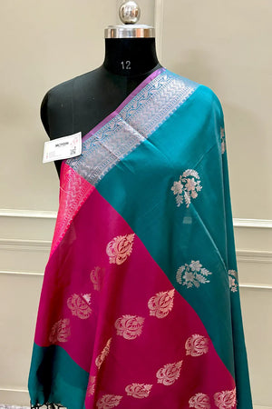 Teal and Pink Golden Zari Banarasi Silk Saree