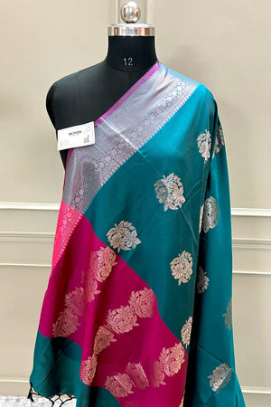 Teal and Pink Golden Zari Banarasi Silk Saree