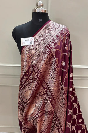 Wine Mughal Mehrab Katan Silk Banarasi Saree