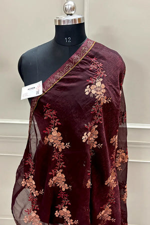 Wine Embordiery Siroski Work Georgette Silk Saree