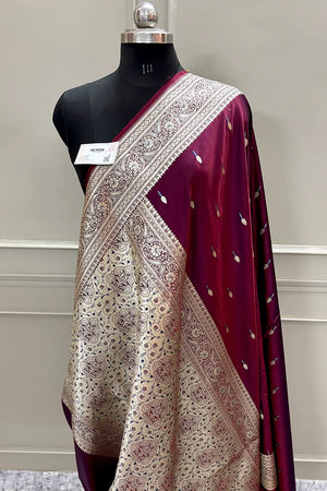 Wine Tilak Buti Katan Silk Banarasi Saree