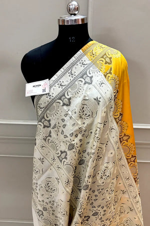 Yellow and Beige Plain Resham Silk Banarasi Saree