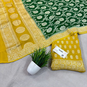 Yellow and Green Khilti Kalli Georgette Silk Banarasi Suit