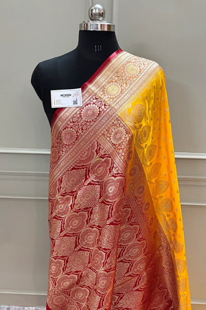 Yellow and Maroon Makkhi Buti Katan Silk Banarasi Saree