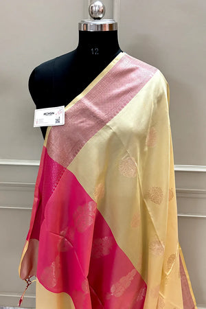 Yellow and Pink Golden Zari Banarasi Silk Saree