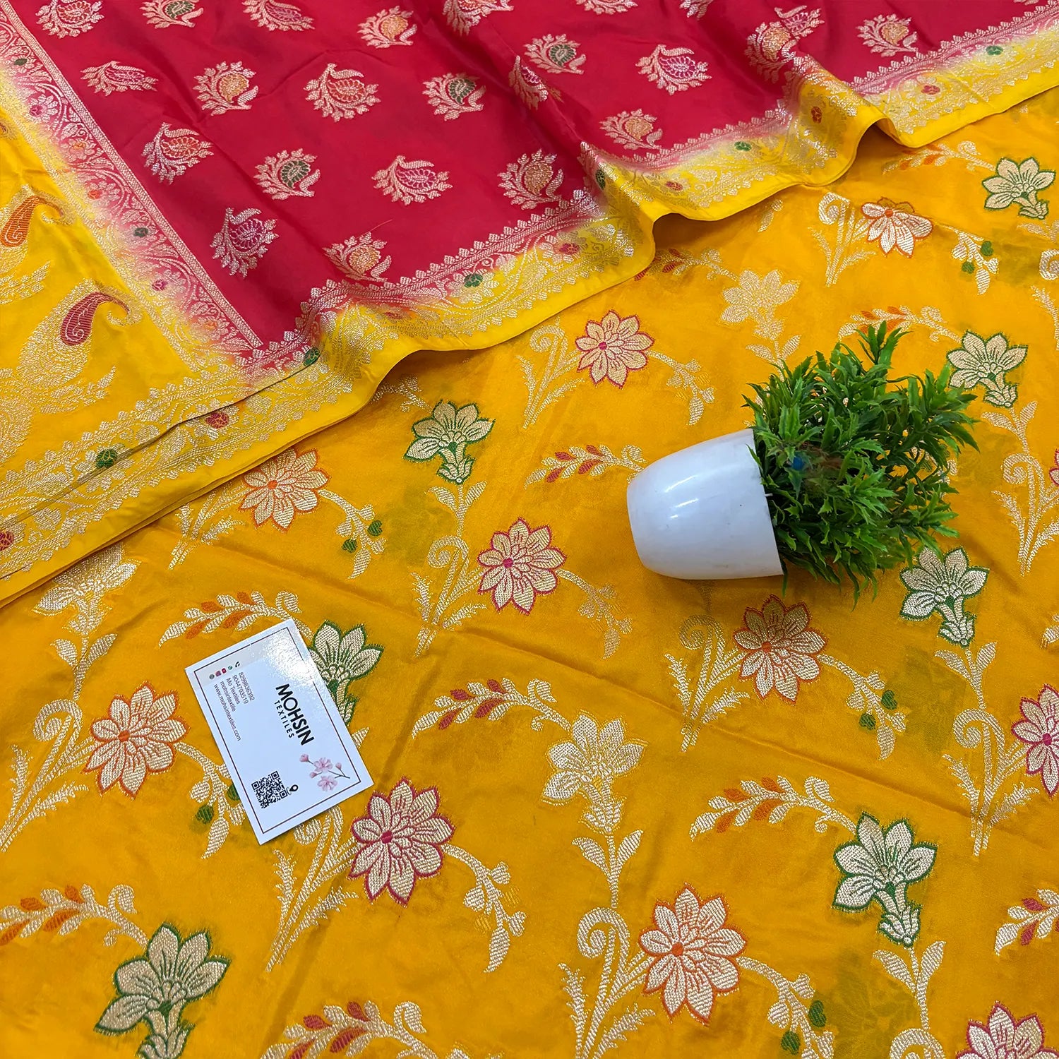 Yellow and Red Golden Zari Katan Silk Banarasi Saree