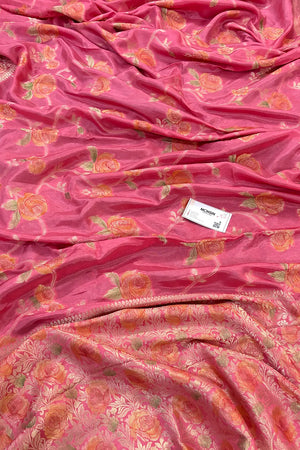 Baby Pink Rosy Jaal Georgette Silk Banarasi Saree