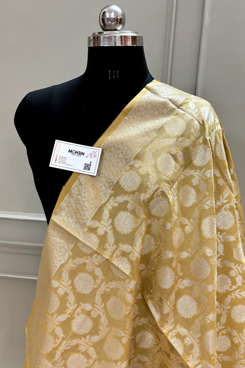 Beige Golden Zari Katan Silk Banarasi Dupatta