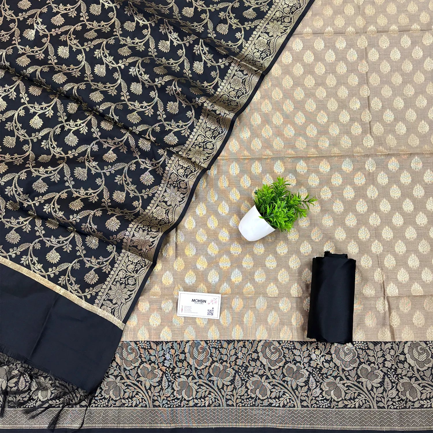 Beige and Black Gulkan Buti Satin Silk Banarasi Suit