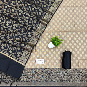 Beige and Black Gulkan Buti Satin Silk Banarasi Suit