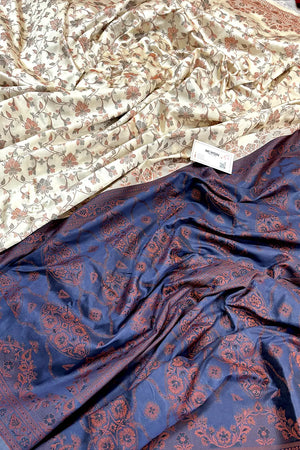 Beige and Navy Blue Resham Silk Banarasi Saree