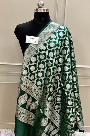Bottle Green Patti Jaal Katan Silk Banarasi Dupatta