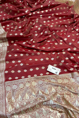 Dusty Wine Golden Zari Crepe Silk Banarasi Saree