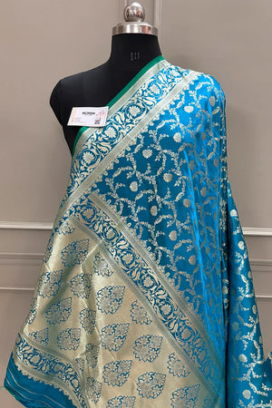 Firozi Chandramukhi Jaal Katan Silk Banarasi Saree