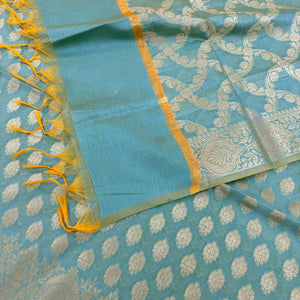 Firozi Golden Zari Resham Silk Banarasi Suit