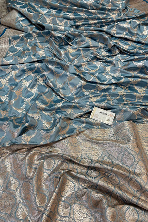 Firozi Scorpion Jaal Katan Silk Banarasi Saree