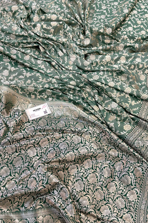 Mint and Bottle Green Gulabi Jaal Katan Silk Banarasi Saree