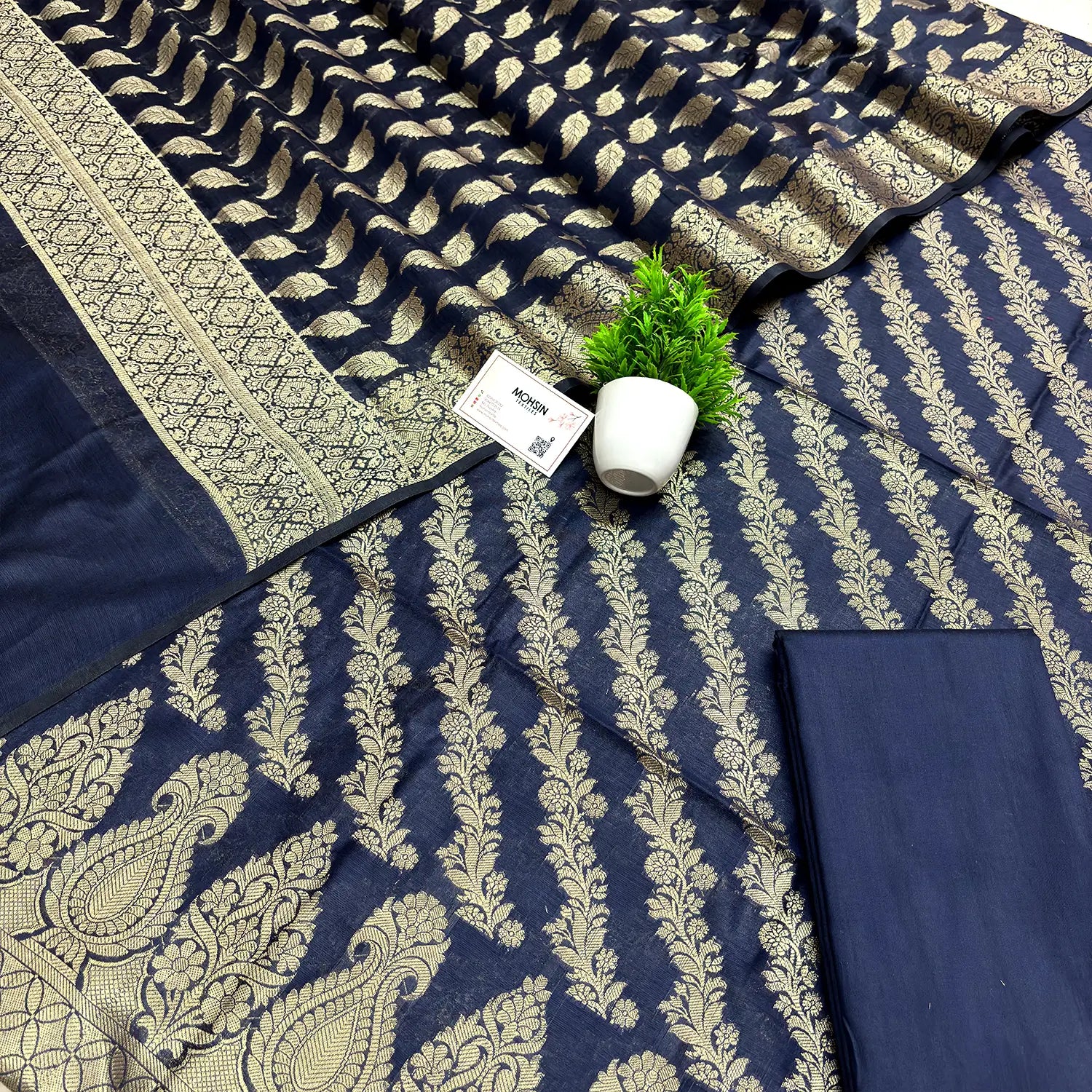 Navy Blue Golden Zari Banarasi Silk Suit