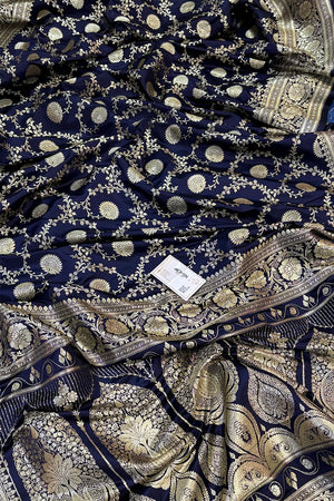 Navy Blue Pankhuri Jaal Katan Silk Banarasi Saree