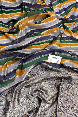 Navy Blue and Multi Resham Zari Cotton Silk Banarasi Saree