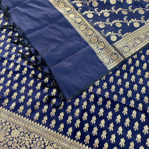 Navy Blue Rocket Buti Satin Silk Banarasi Suit
