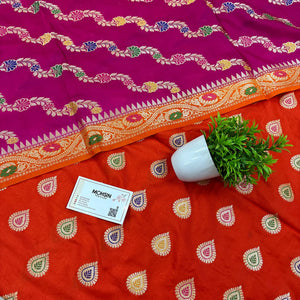 Orange and Pink Golden Zari Katan Silk Banarasi Suit