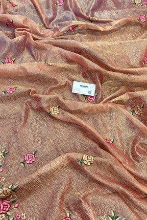 Peach Crush Embroidery Tissue Silk Banarasi Saree